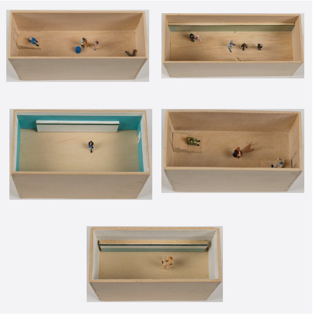 William Radawec (1952-2011) Five Dioramas from 'A: William Radawec (1952-2011) Five Dioramas from 'A Study' Series, Wood, acrylic and HO figures. Including the titles: 'Camera Crew, 2007'; 'Man Sitting, Woman (Nude) Sitting, 2005,' initialed and dated