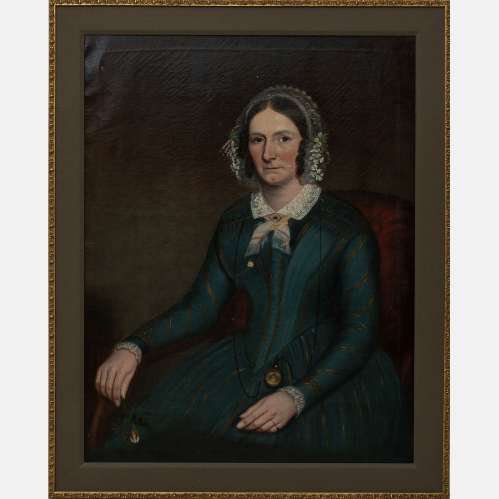 Attributed to Ammi Phillips (1788-1865) Portrait of a: Attributed to Ammi Phillips (1788-1865) Portrait of a Lady Holding a Rose, Oil on canvas, Unsigned. H: 36 W: 28 in.