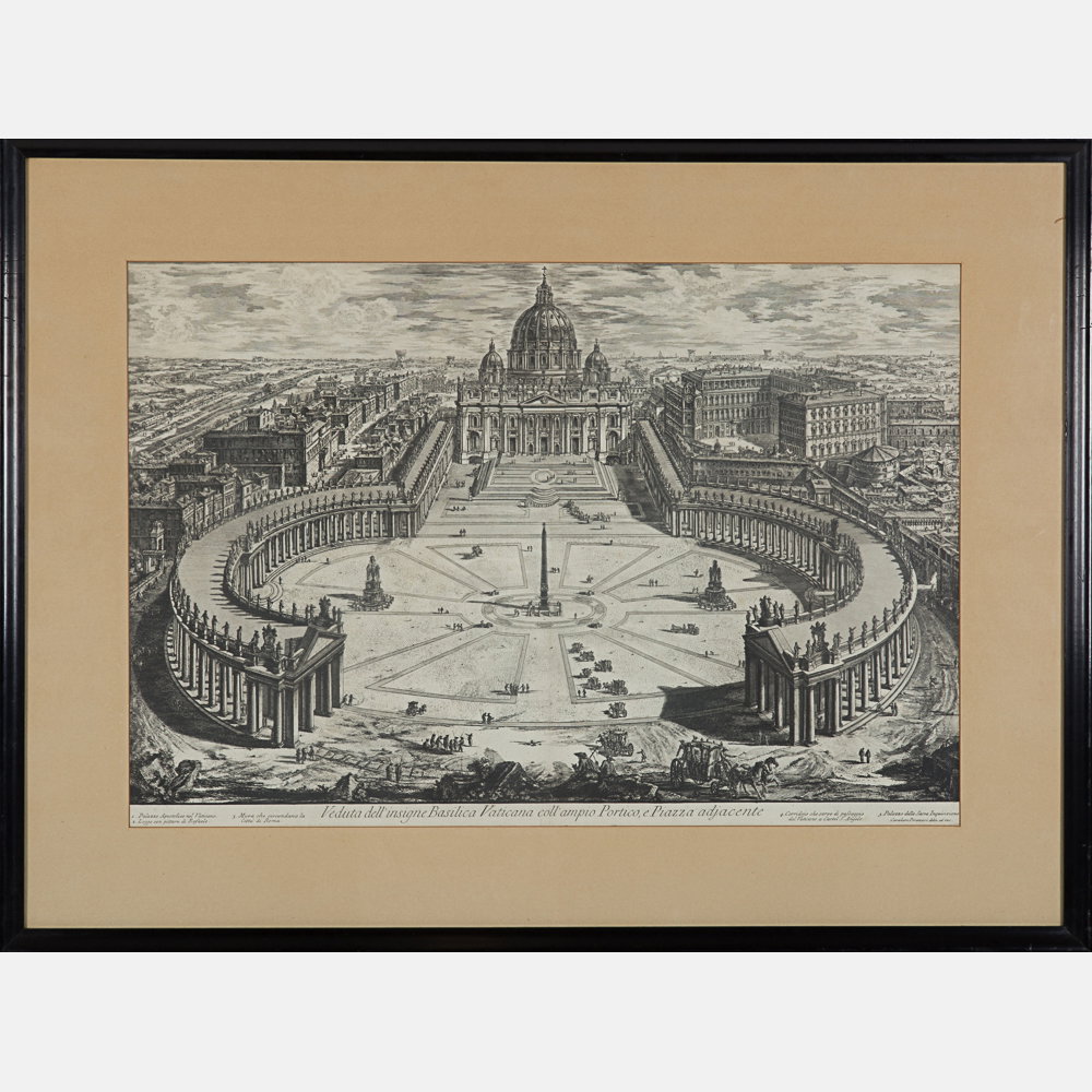 Giovanni Battista Piranesi (1720-1778) Veduta: Giovanni Battista Piranesi (1720-1778) Veduta dell'insigne Basilica Vaticana Coll'ampio Portico e Piazza Adjacente, Etching on laid paper with center fold crease. From Vedute di Roma (Views of Rome) w