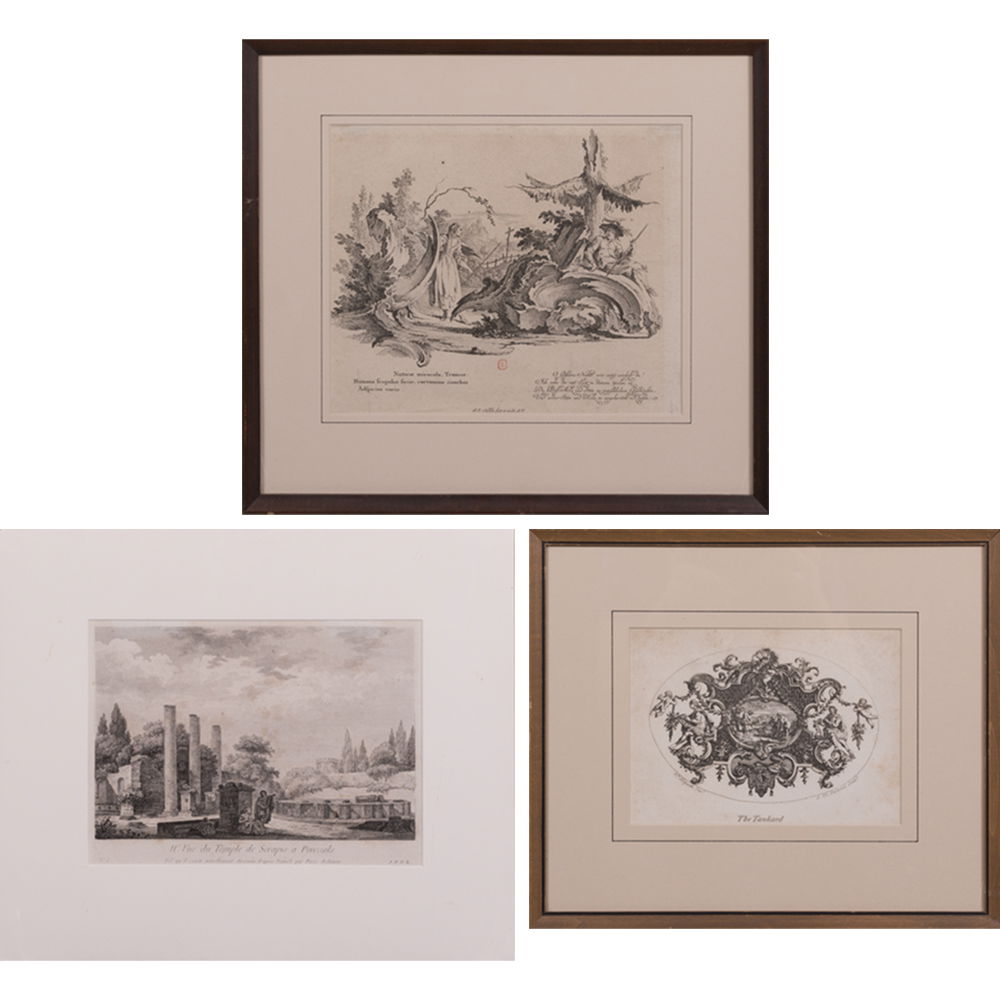 A Group of Three Engravings, 19th/20th Century,: A Group of Three Engravings, 19th/20th Century, Including 'The Tankard' by William Hogarth (1697-1764), Johann Esaias Nilson (1721-1788), and an engraving of the 'Ruines du Temple de Serapis a Pouzzol