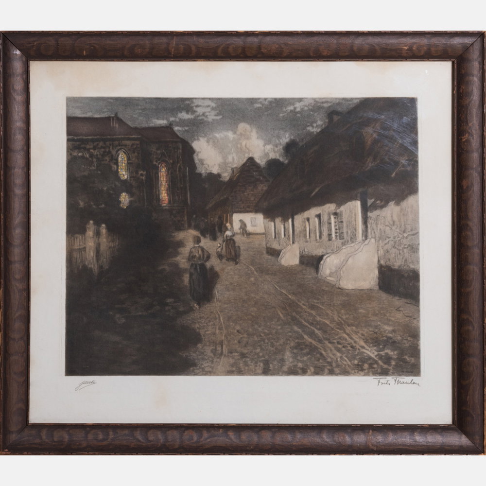 Frits Thaulow (1847-1906) Marias aned, Etching in: Frits Thaulow (1847-1906) Marias Maned, Etching in colors, Signed lower right. Framed dimensions: h: 20 1/2 x w: 23 1/2 in. H: 13 3/4 W: 17 3/8 in.