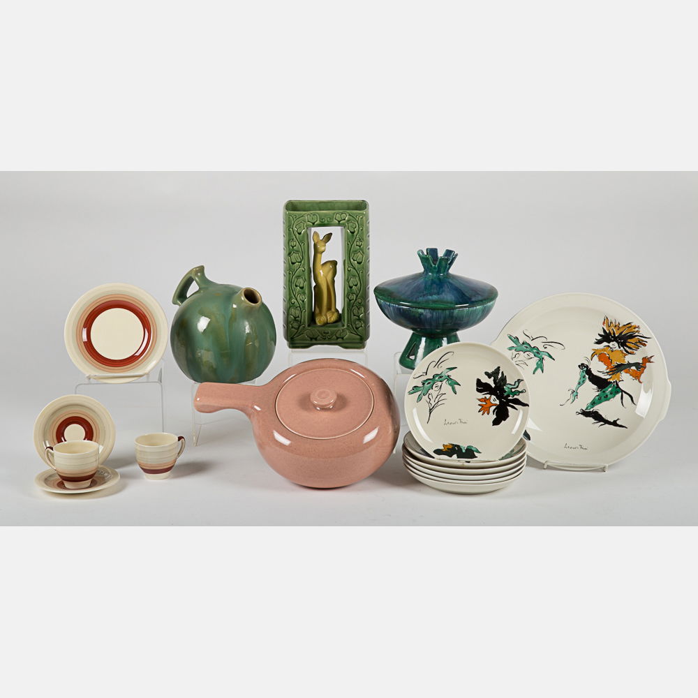 A Group of Mid-Century Modern Ceramic Items,: A Group of Mid-Century Modern Ceramic Items, 20th Century, Including pieces by Russel Wright, Susie Cooper, Shawnee, Haeger and others. Largest dimensions: h: 9 1/4 x w: 5 1/2 x d: 3 1/4 in.