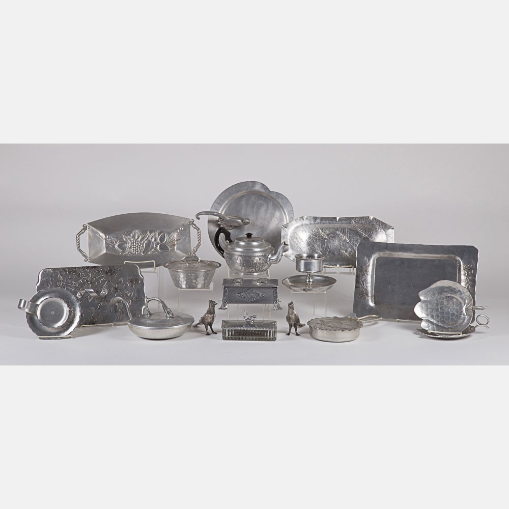 A Miscellaneous Collection of Hammered Pewter and: A Miscellaneous Collection of Hammered Pewter and Aluminum Ware by Various Makers, 20th Century, Including pieces by J. Fell Jun, Buenilum, Everlast, Wendell August, Shup Laird, Palmer, Pyrex (piece w