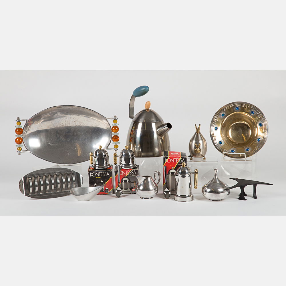 A Miscellaneous Collection of Pewter and Silverplated: A Miscellaneous Collection of Pewter and Silverplated Serving Items by Various Makers, 20th Century, Including pieces by Michael Graves, Reed and Barton, Kontessa, Cromargan, Nambe and others. Largest