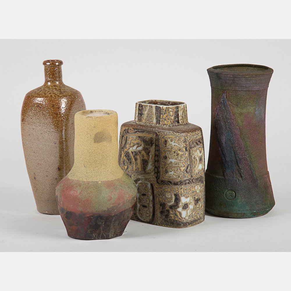 A Group of Three Raku Earthenware Vase, 20th Century,: A Group of Three Raku Earthenware Vase, 20th Century, Together with a Royal Copenhagen vase. Largest dimensions: h: 9 3/8 x dia: 5 1/2 in.