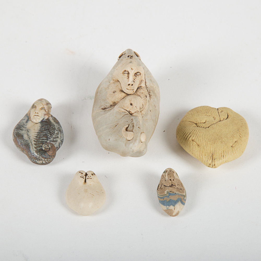 Gary Spinosa (20th Century) Three Pendants and Two: Gary Spinosa (20th Century) Three Pendants and Two Figures, Fired clay, Two signed. Largest dimensions: h: 3 5/8 x w: 2 5/8 x d: 1 3/8 in.