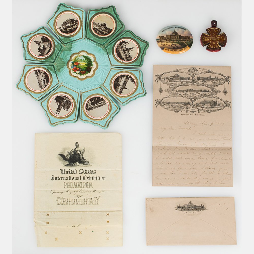 A Miscellaneous Collection of Souvenirs from the: A Miscellaneous Collection of Souvenirs from the Centennial Exposition, Philadelphia, I876, Including a piece of stationary with envelope, complimentary ticket, transfer printed porcelain plaque, leat