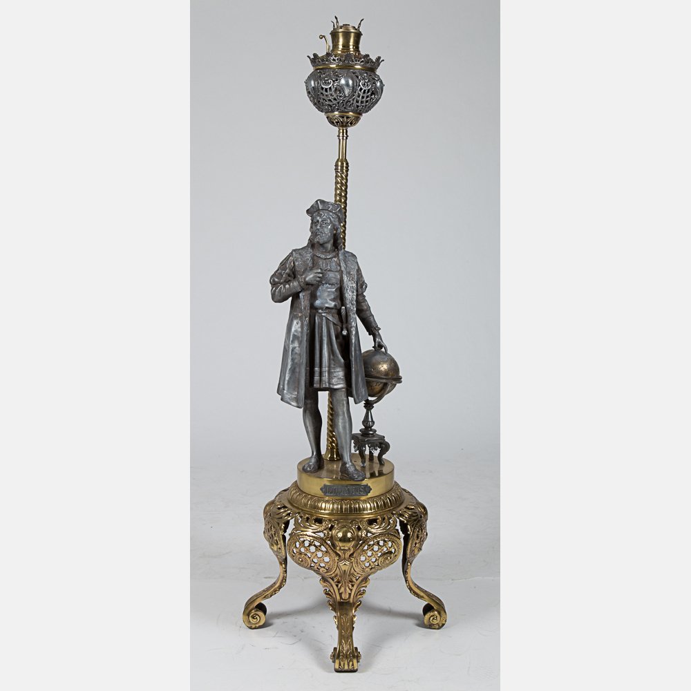 A Victorian Cast Metal Christopher Columbus Figural: A Victorian Cast Metal Christopher Columbus Figural Kerosene Floor Lamp, 19th Century, Depiction after Eutrope Bouret (French, 1833-1906). H: 57 3/4 in.