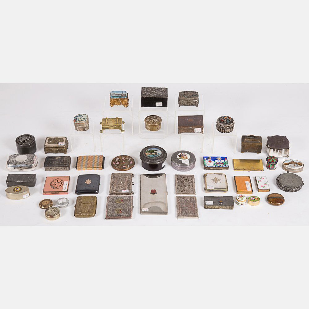 A Miscellaneous Collection of American and Continental: A Miscellaneous Collection of American and Continental Brass and Metal Decorative Boxes, 19th/20th Century. Largest dimensions: h: 1 1/4 x w: 3 1/2 x d: 2 1/2 in. From the Estate of Terrence W. Burke.