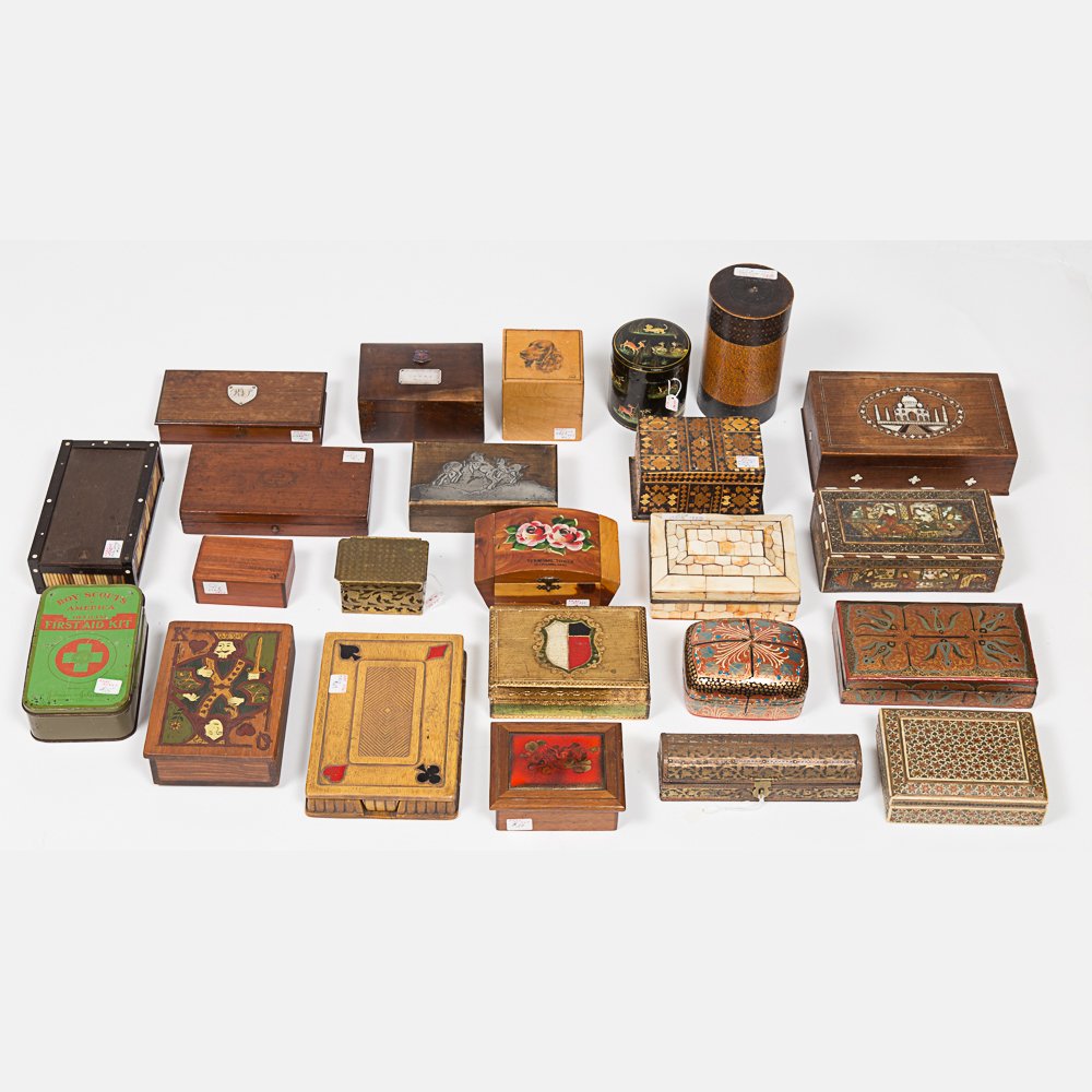 A Miscellaneous Collection of Decorative Boxes,: A Miscellaneous Collection of Decorative Boxes, 19th/20th Century. Largest dimensions: h: 8 x w: 1 1/2 x d: 5 1/2 in. From the Estate of Terrence W. Burke.
