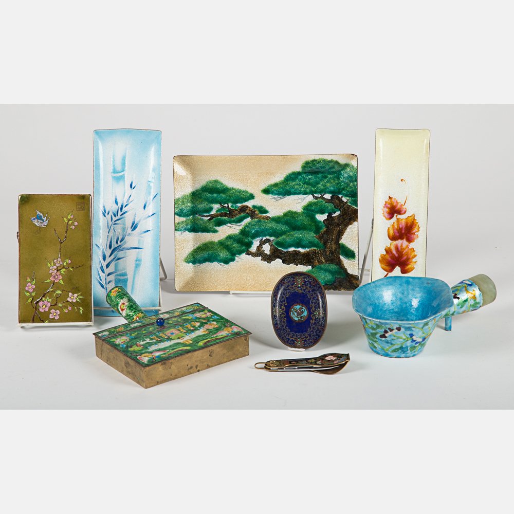 A Group of Japanese Cloisonné Dishes and Plaques by: A Group of Japanese Cloisonné Dishes and Plaques by Various Makers, 20th Century, Including pieces by Ando and Kujako. Largest dimensions: h: 9 3/8 x w: 6 7/8 in.