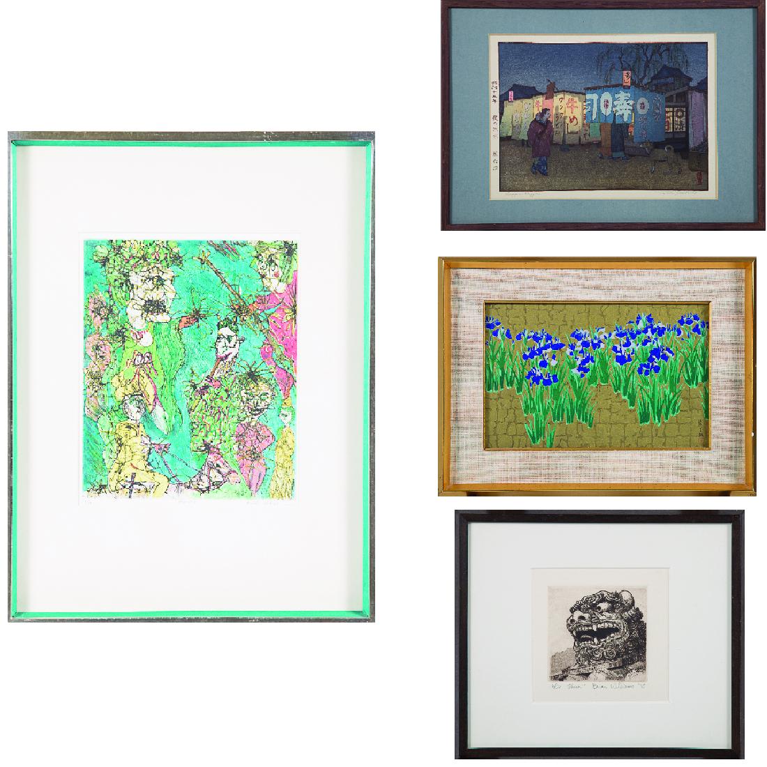 A Group of Four Japanese Colored Woodcuts and Etchings: A Group of Four Japanese Colored Woodcuts and Etchings by Various Artists, 20th Century, Including pieces by Eiichi Shubuya (20th Century), Brian Williams (b. 1950), and Toshi Yoshida (19114-1995). La