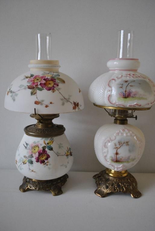 2 Antique Hurricane Lamps 21": Both lovely lamps are in great condition and ready to use. Both for one money! 21 in.high.
