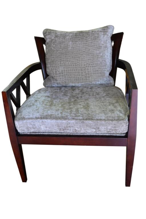 Baker Barbara Barry Double X Armchair: Fine Baker Armchair in clean, solid, condition with minor wear. Retail $2000. DOUBLE X-BACK CHAIR BARBARA BARRY No. BA479 Product Dimensions: U.S. Customary System Width Depth Height W 27in D 27in H 3