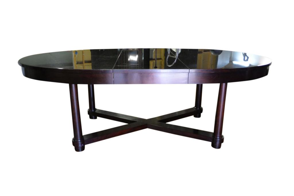 Baker Barbara Barry Oval Dining Table: BARBARA BARRY COLLECTION BY BAKER OVAL EXTENSION DINING TABLE. Exceptional Baker Quality table with a straight cut field of mahogany top. Table is clean, solid, has surface scratches but none in the w