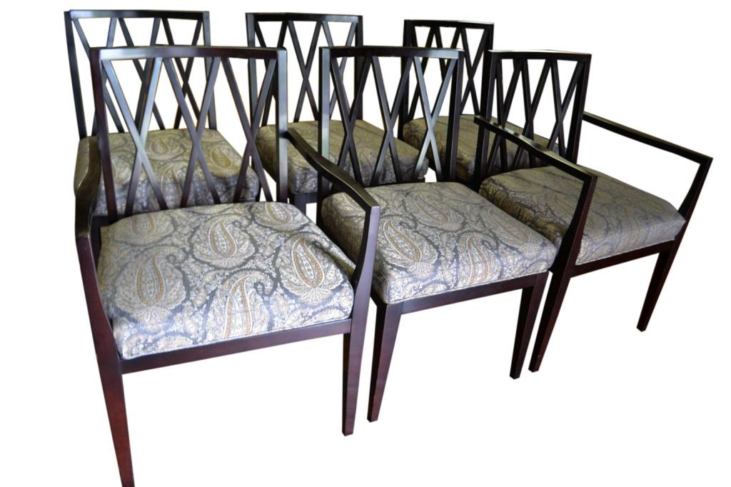 6 Double X Mahogany Dining Chairs, Baker?: These chairs are the same style and wood as the Baker Double x Barbara Barry chair earlier in this auction. These chairs came with the Barbara Barry table in the preceding lot of this auction. We cann