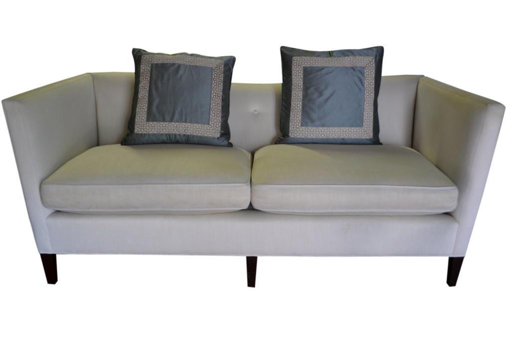 Baker Patricia Sofa Retail $5000: BAKER PATRICIA SOFA THOMAS PHEASANT No. BA6131S This sofa is in solid condition. Cushions are supple and wood has almost no wear. The fabric does have some soiling and would need to be cleaned. 34H x