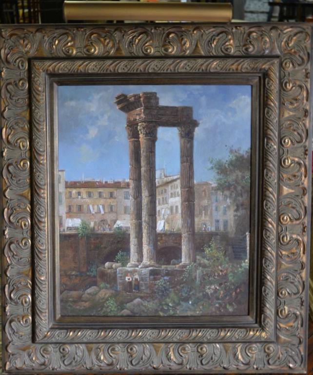 Fantastic Roman Ruins Original Painting: This painting was just taken out of a 45000 sq ft home in Alpharetta. This oil on canvas is in a heavy gilt wood frame and has it's own art light mounted to it! Art: 16 x 20. Frame 32 x 36. Excellent