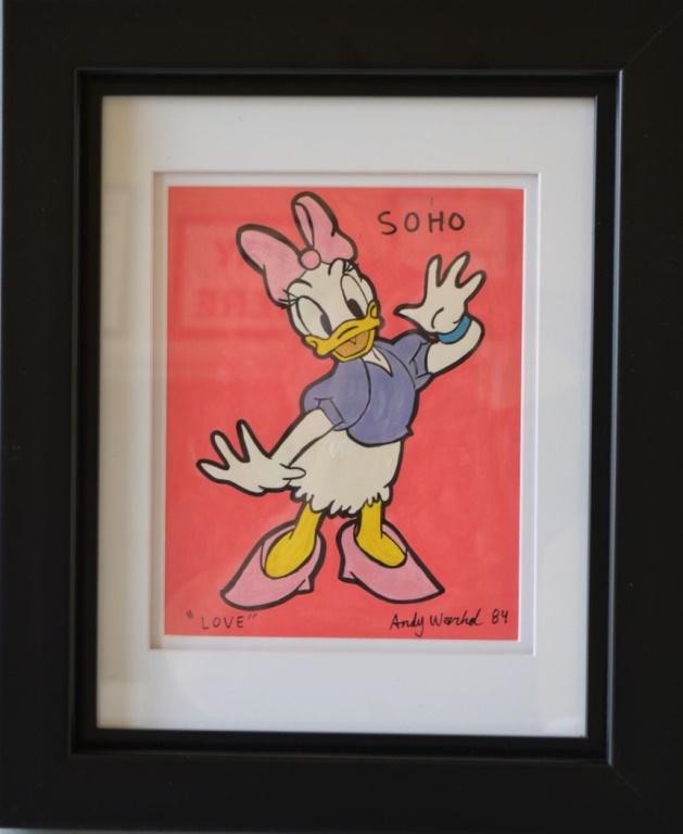 Attributed to Andy Warhol Original Daisy Duck: Medium: watercolor on paper. Edition: Original, unique work of art. Signature: upper right. Condition: Very good. Size: approx 7.5 x 9.5 inches. New Frame: 14 x 17 in. This original watercolor is in t
