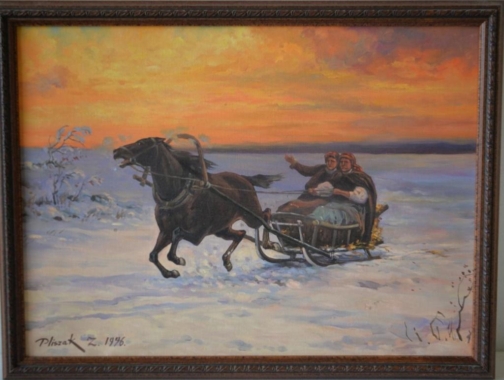 Z Pliszak Russian Artist Original: Superb action in this colorful horse drawn sled painting. This is a fine original oil on canvas by Russian artist Pliszak. Medium: oil on canvas. Condition: very good. Signature: lower left. Size: 12 