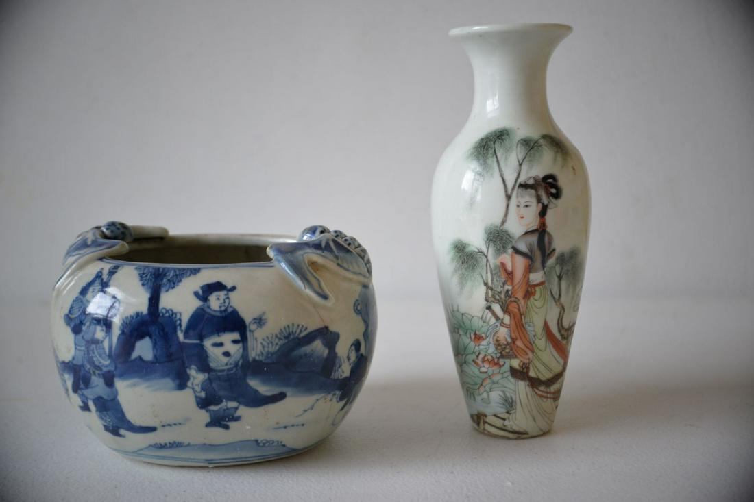 Antique Chinese Bowl and Vase: Fine blue and white porcelain bowl with landscape motifl 3.5H x 5W x 4D in. Lovely petite Chinese vase 7 in. high. Both in excellent condition. Both for one money!