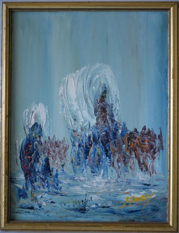 R C Stanley Wagon Train: Wagon Train by R C Stanley. Medium: oil on canvas. Edition: unique, original work of art. Condition: very good overall. Date: Circa 1960. Signature: lower right. Size: 9 x 12 in. Frame 10 x 13 in. R C