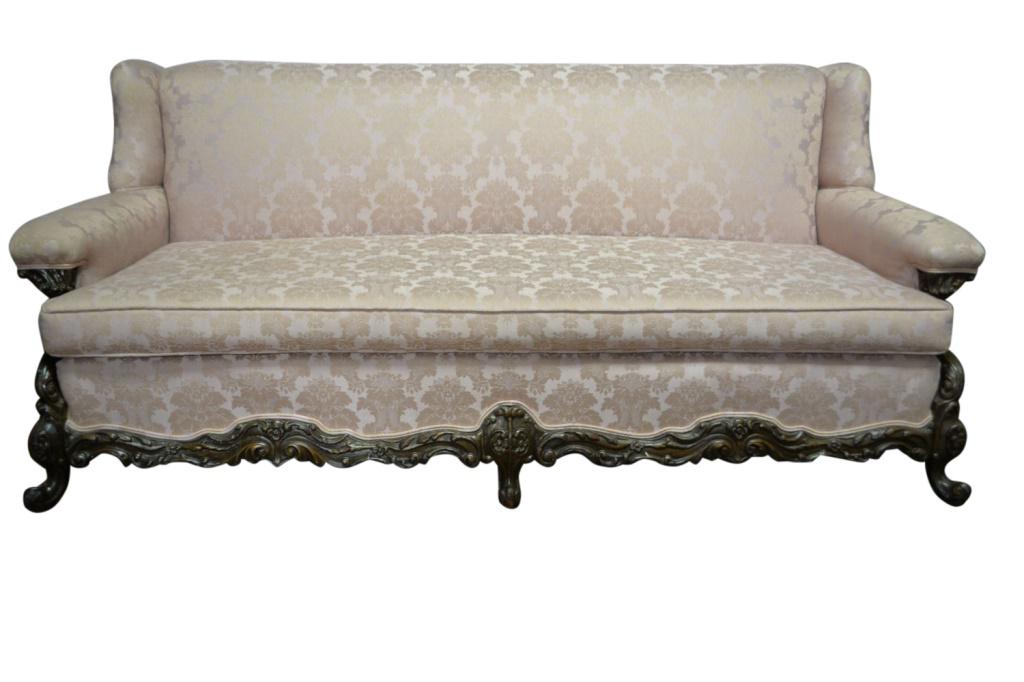 Fine Antique Louis XV French Sofa: Fine, carved mahogany frame antique sofa in a timeless Louis XV style. Clean silk brocade fabric. Beautifully carved acanthus leaf motif. Cabriole legs with scroll feet. Very clean, solid, comfy and b