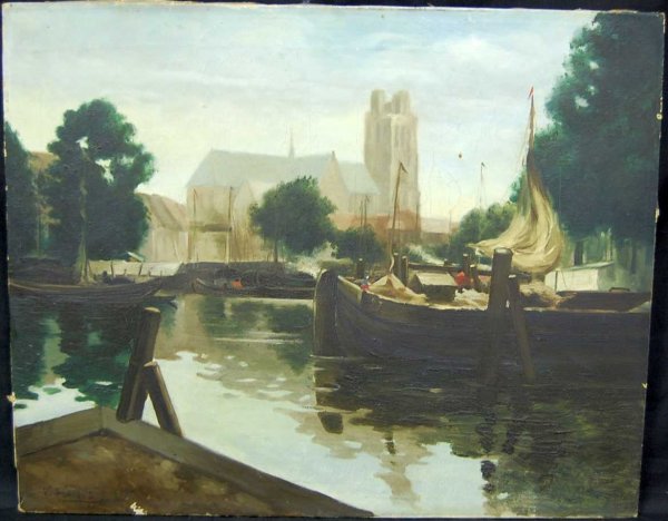 V. PLACQUET VILLAGE SCENE OIL PAINTING: WELL DONE VILLAGE SCENE WITH STREAM SIGNE V. PLACQUET, 23.5"W, 19"TALL, NO FRAME
