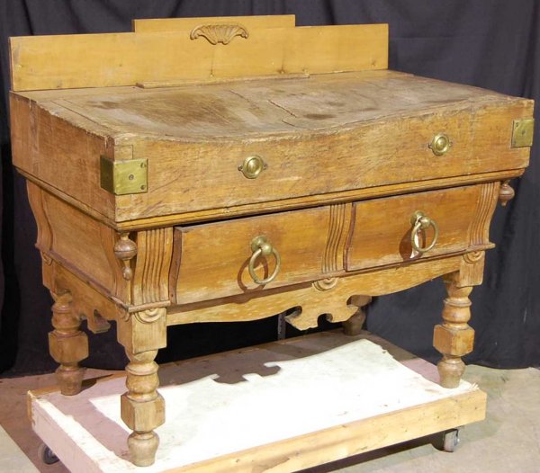 FRENCH COUNTRY BUTCHER BLOCK: BRASS BOUND, DOVETAILED, ON TURNED LEG TWO DRAWER BASE, 51"W, 28"D, 43"TALL