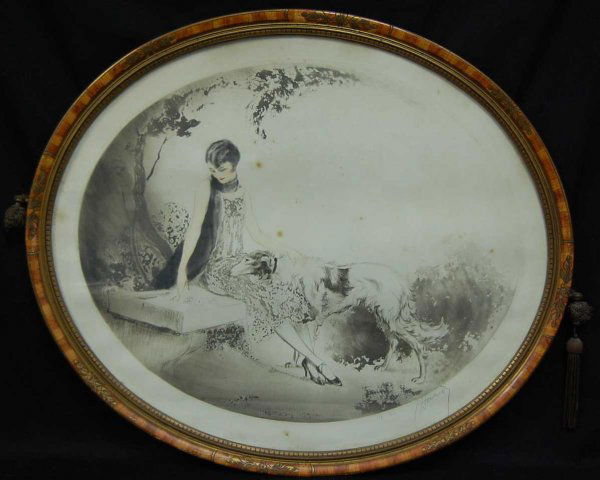 ART DECO VINTAGE LITHOGRAPH OF LADY & DOG: FRAMED IN ORIGINAL OVAL FRAME WITH FRENCH FRAMING LABEL STILL ON REVERSE, MARKED 198-3/0, SIGNED LOWER RIGHT