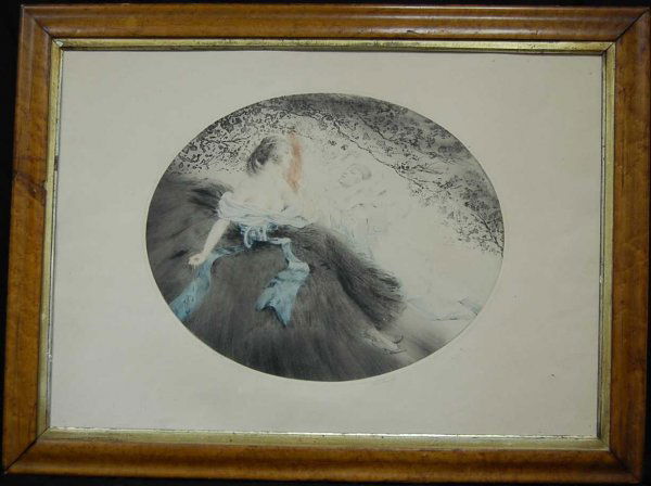 ART DECO LITHOGRAPH OF LADY AND CLOWN: CLOWN JESTER COURTING LADY UNDER A TREE, MARKED 141-200, SIGNED LOWER RIGHT, IN BIRDSEYE MAPLE FRAME, 33"W, 25"TALL INCLUDING MATT AND FRAME