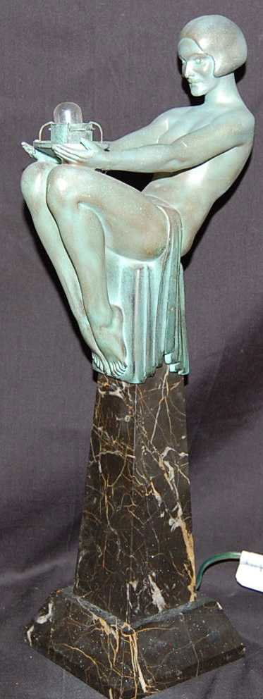 M. LeVERRIER ART DECO LAMP ON MARBLE PLINTH: NUDE LADY ON GOLD VEIN MARBLE PEDESTAL SIGNED ON REVERSE, 4.5"SQUARE BASE, 17"TALL