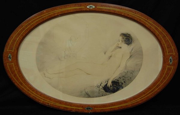 P. E. FELIX EARLY LITHOGRAPH #226 OF 350: SIGNED LOWER RIGHT, LADY LISTENING TO FAINT RADIO IN THE BACKROUND, GREAT INLAID OVAL BIRDSEYE FRAME, 28"W, 18"TALL INCLUDING FRAME