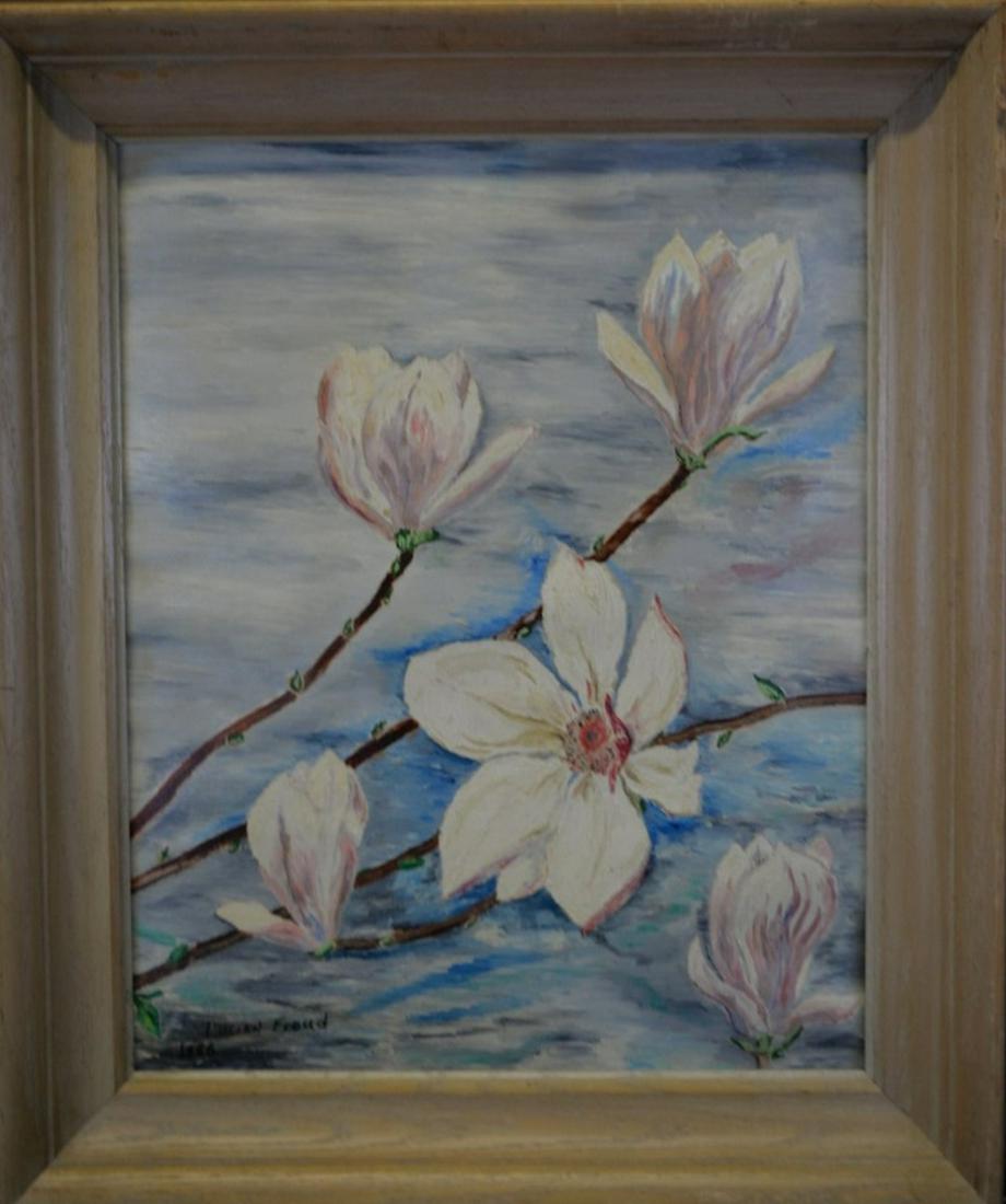 Original in the Manner of Lucian Freud Still Life: Lovely and vivid floral still life in the manner of Lucian Freud! Medium: oil on canvas. Condition: very good overall. Signature: Lower right. Edition: Unique, original work of art! Size: 16 x 20 in.