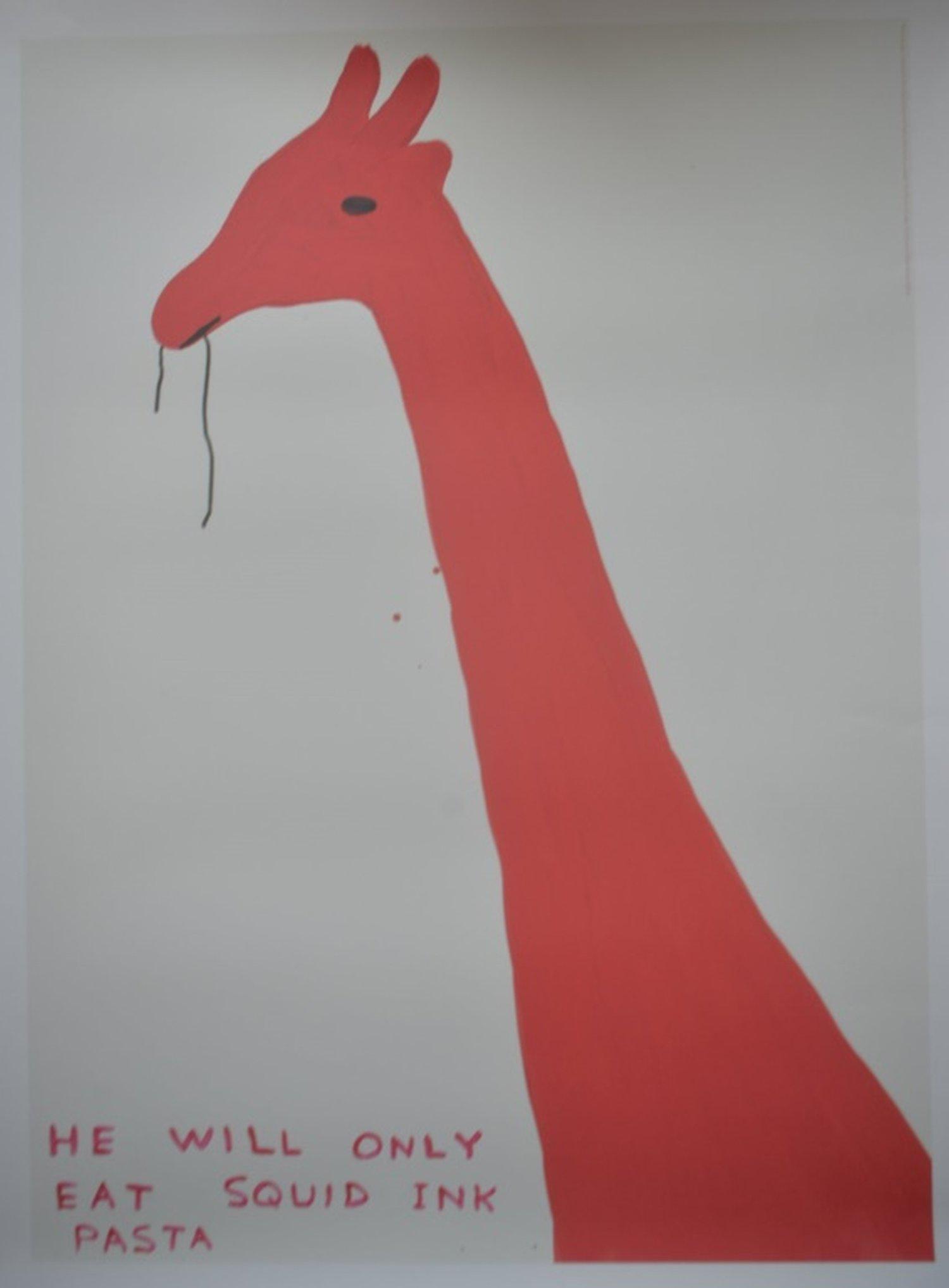 David Shrigley "Only Eat Squid Pasta" Litho: Exciting and fun art from hot selling David Shrigley. Title: He Will Only Eat Squid Ink Pasta. Year, 2016. Size, 80 x 60 cm. 23 1/2 x 31 1/4 inches. This is not the poster but an excellent lithograph