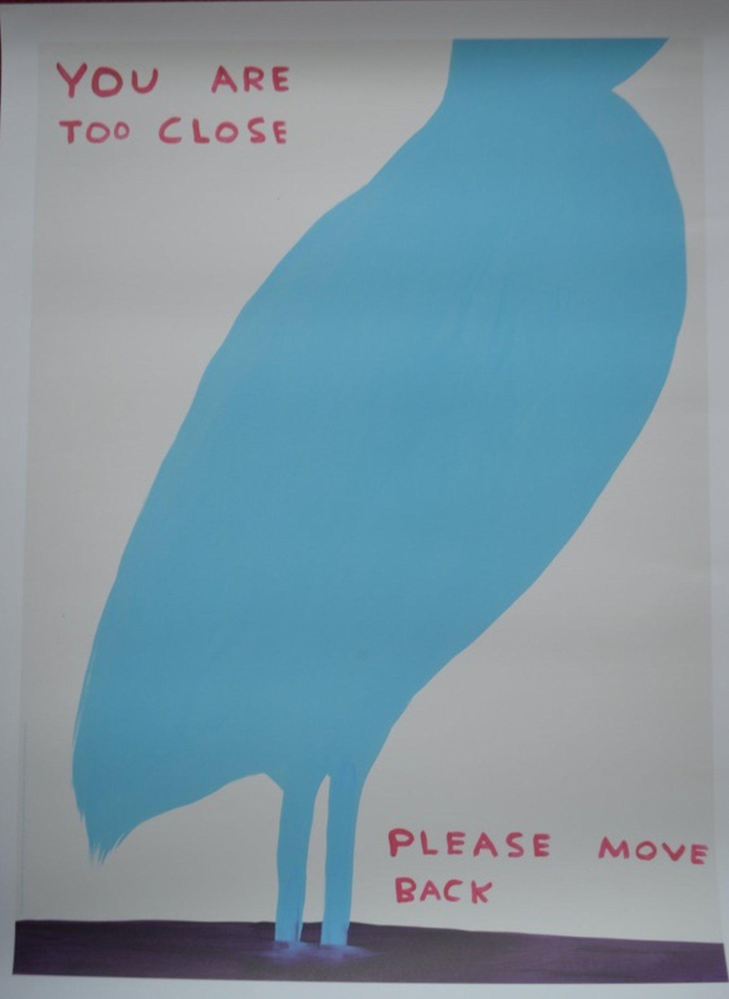 David Shrigley "You are Too Close" Litho: Exciting and fun art from hot selling David Shrigley. Title: You are Too Close, Please Move Back" Year, 2016. Size, 80 x 60 cm. 23 1/2 x 31 1/4 inches. This is not the poster but an excellent lithogra