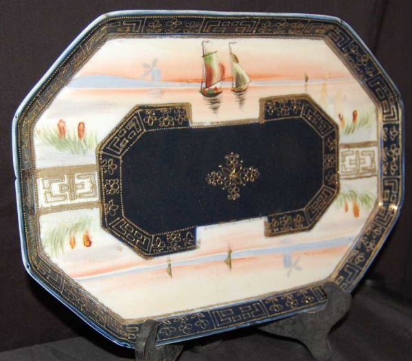 HAND PAINTED NIPPON SCENIC TRAY: SAILBOAT MOTIF, BLUE MARK ON BACK, 13"W, 9"D