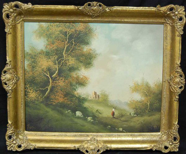 ANGELOS RAZIS LANDSCAPE OIL ON CANVAS PAINTING: LISTED GREEK ARTIST 1943-?, SIGNED LOWER LEFT, WITH DOCUMENTED SALES FOR THIS ARTIST UP TO $11,000 USD, 20"W, 16"TALL, PLUS 3"FRAME
