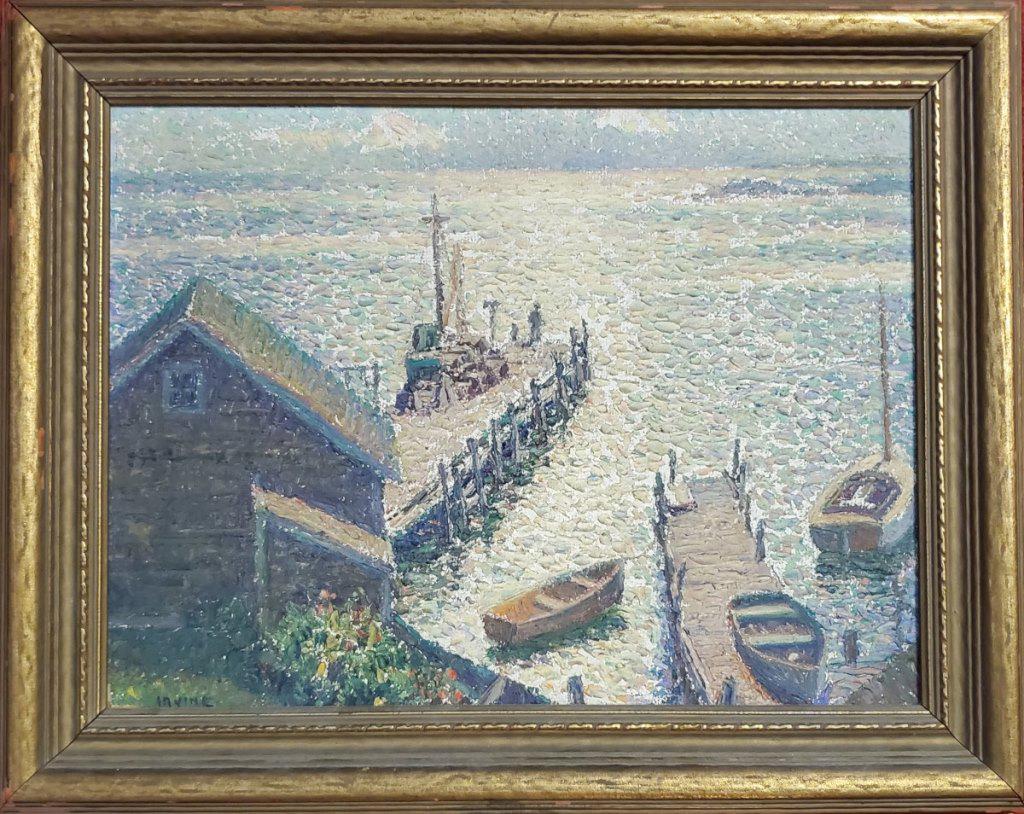 Wilson Henry Irvine Original Harbor House: Lovely original oil by Wilson Henry Irvin 1869-1936. Expect to pay $2000+ in a gallery. Medium: Oil on board. Age: Circa 1900. Condition: Very good overall with minor aging in the paint. Signature: Lo