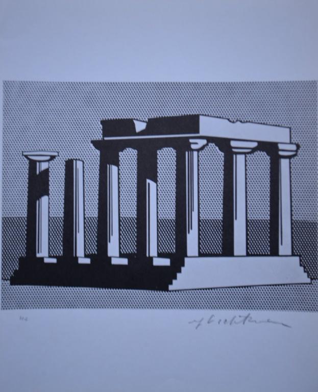 Signed Roy Lichtenstein Signed "Temple": Fantastic signed Lichtenstein lithograph. Temple ruins subject with eye grabbing contrast. Condition: very good. Not Framed. Paper Size: 9.25 x 11.25 inches. Signature: Lower Right. Stamp on verso. Th