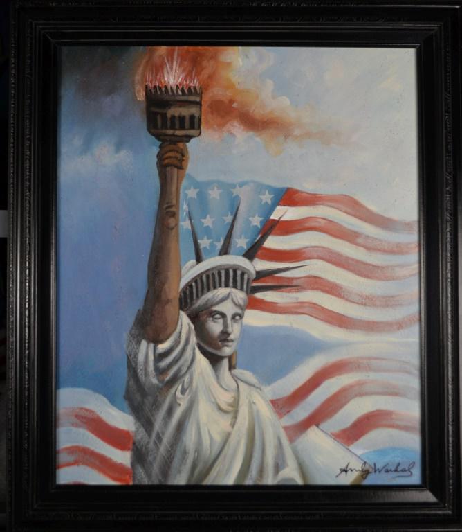 Original Signed Andy Warhol: This original patriotic work is signed Andy Warhol. Vivid and rich in color! Medium: Acrylic on canvas. Edition: Unique, original work of art. Signature: Lower Left. Condition: Good overall. Size: App