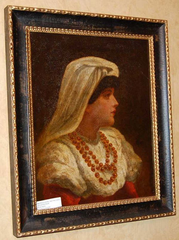 MID 19TH CENTURY BRITISH SCHOOL PORTRAIT OF LADY: GIRL WITH RED BEADS OIL ON CANVAS,16"W, 20"TALL PLUS 2.5"FRAME