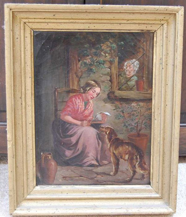 BRITISH SCHOOL 19TH CENTURY PAINTING: THE LETTER, OIL ON CANVAS, 9.5"W, 12.5"TALL, PLUS 2"FRAME
