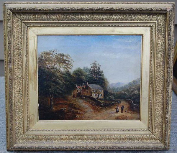 19TH CENTURY BRITISH SCHOOL OIL PAINTING: TRAVELERS ON THE ROAD OIL ON CANVAS LENGTH 12" HEIGHT 10" PLUS 3"
