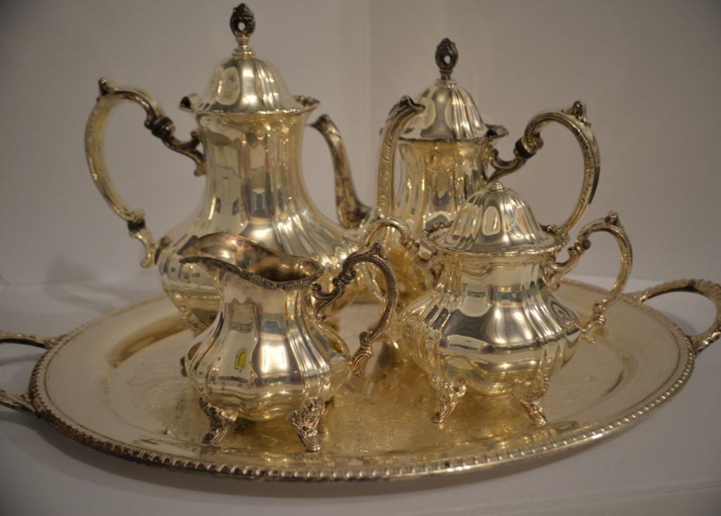 Poole Silver Plate Tea Service Set: Fantastic Lancaster Rose service set by Poole Silver Company. Teapot 11 in., Coffee Pot 10 in., Sugar 6.5 in. , Creamer 5 in. The tray is made by Rogers Silver and measures 24 x 15 in. Clean , solid c
