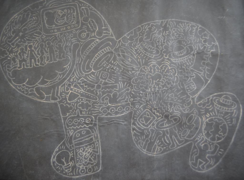 In the Manner of Keith Haring Drawing 27 x 37": Intriguing drawing on heavy black paper in the manner of Keith Haring! We base this attribution on the same style, medium, complexity, and subject as used by Haring. Edition: Unique original work of a