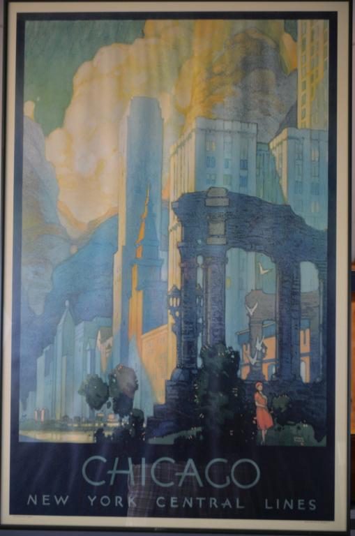 Leslie Ragan Chicago New York Central Lines 1967: LESLIE RAGAN (1897-1972) CHICAGO / NEW YORK CENTRAL LINES. [Latham Litho. & Ptg. Co., Long Island City.] 1967 Poster Plus. Medium: Lithograph on paper. Condition: Very good. framed. Size: 24 x 36 in..