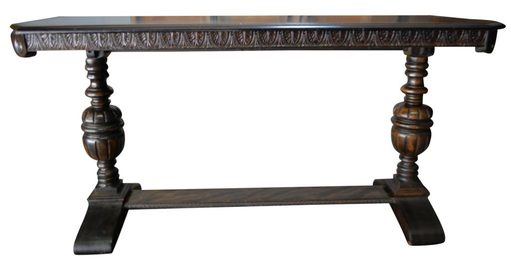 Antique Banded Mahogany Console Table: Truly a fine mahogany console table with banded top, turned urn legs, heavy base and stretcher. Very finely crafted. Circa 1920. 29H x 60W x 20D inches.