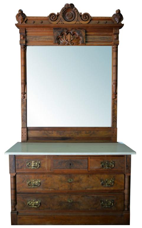 Superb Antique Walnut Marble Top Dresser: Statement making Renaissance Revival style, walnut marble top dresser! Amazing mirror with architectural features. Case with burl walnut front drawers with solid brass hardware. Finely crafted. Great 