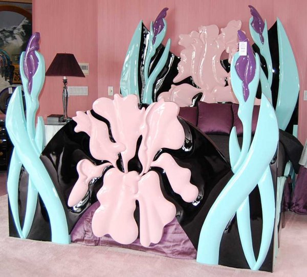 Art Nouveau style Jane Goco Iris bed: Hand carved Iris pattern bed original cost, $20,000 USD, 88"w, 84"d, 84"tall